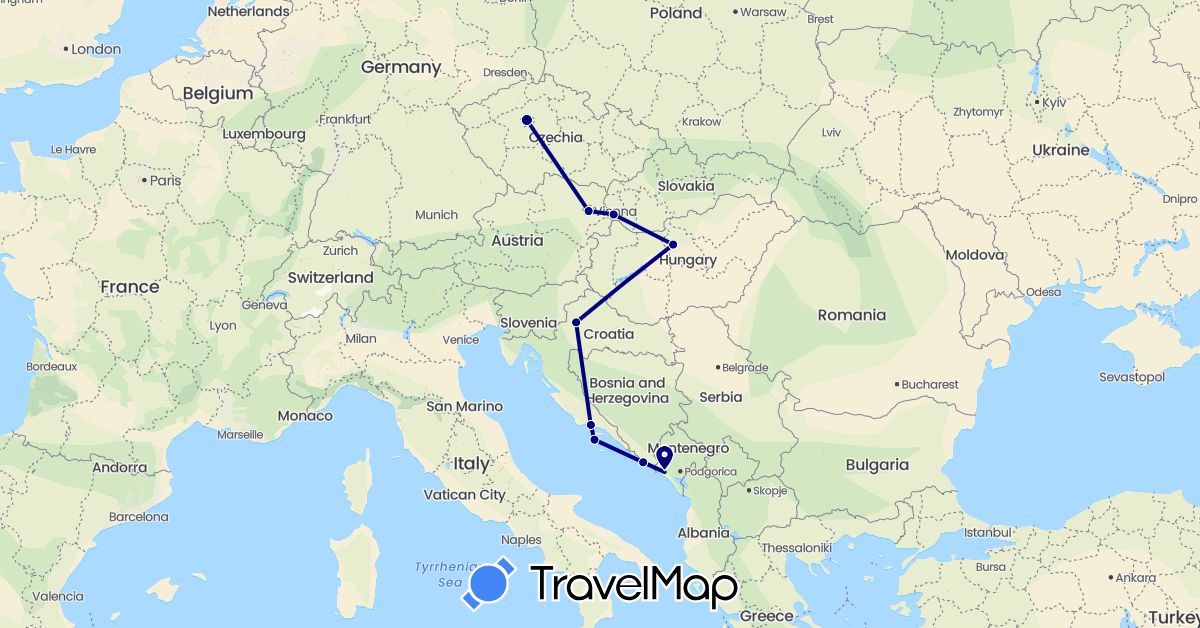 TravelMap itinerary: driving in Austria, Czech Republic, Croatia, Hungary, Montenegro, Slovakia (Europe)